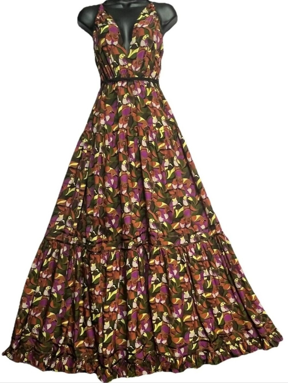 Moda International Halter Silk Novelt Maxi Dress in Olive, Purple & Brown Floral